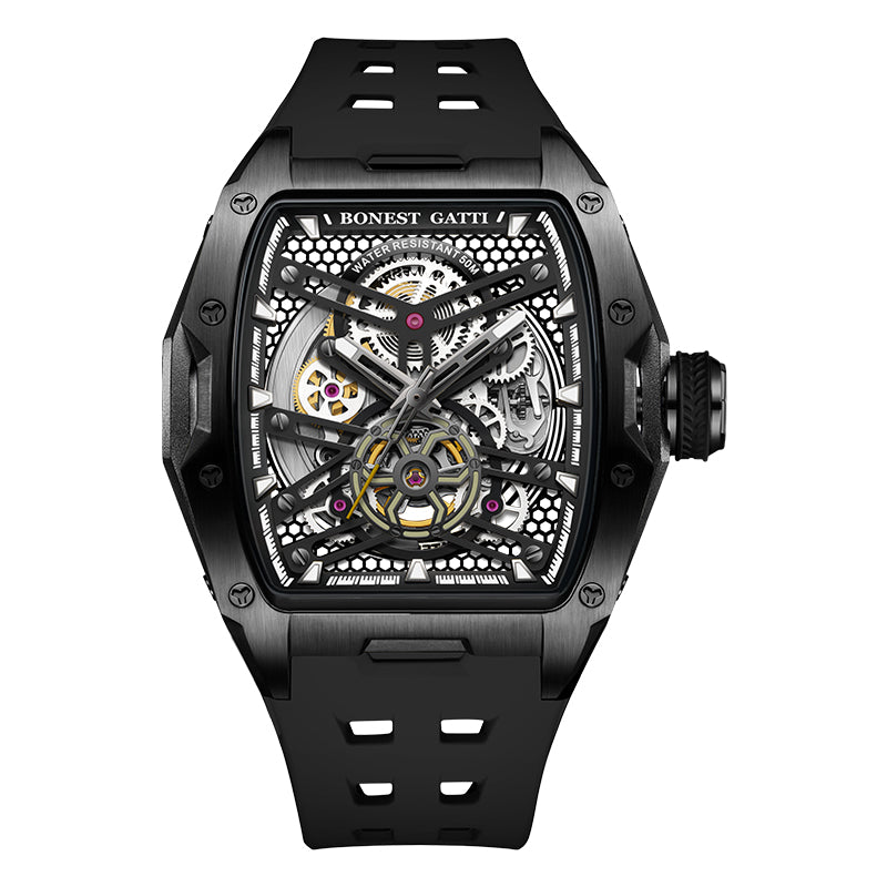 BONEST GATTI Tonneau Automatic Men Watch Skeleton Self Wind Movement Barrel shaped Case Luminous BG5502