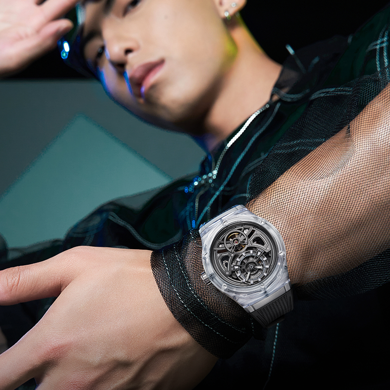 BONEST GATTI Transparent Case Dodecagon Bezel Automatic Skeleton Movement Round Shaped Fluororubber Strap Watch BG-5807