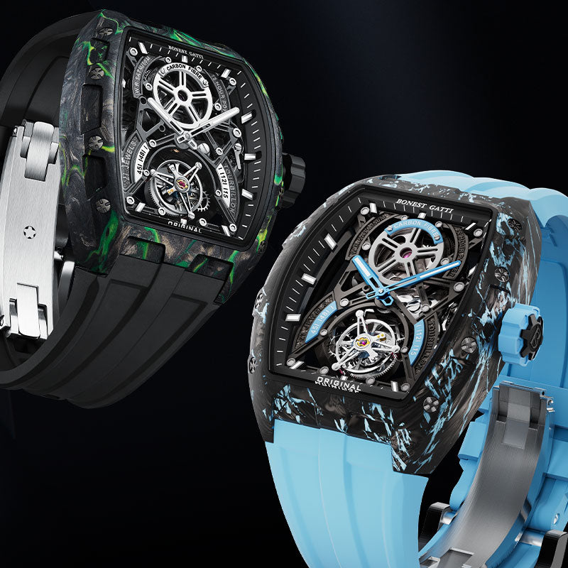 BONEST GATTI Automatic Tourbillon Movement Tonneau Shaped Forged Carbon Fiber Case Sapphire Crystal Fluororubber Strap Luminous BG7003