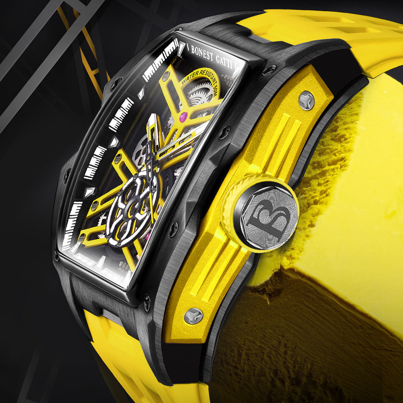 BONEST GATTI Tonneau Automatic Men Watch Skeleton Self Wind Movement Barrel shaped Case Luminous BG5502