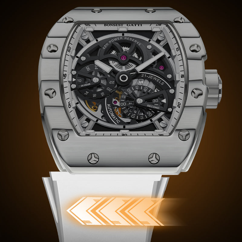 BONEST GATTI Carbon Fiber + Aluminum Alloy Case Barrel Shaped Tonneau Watch Skeleton Movement Sapphire Crystal Quick-Release Strap Watch BG9004