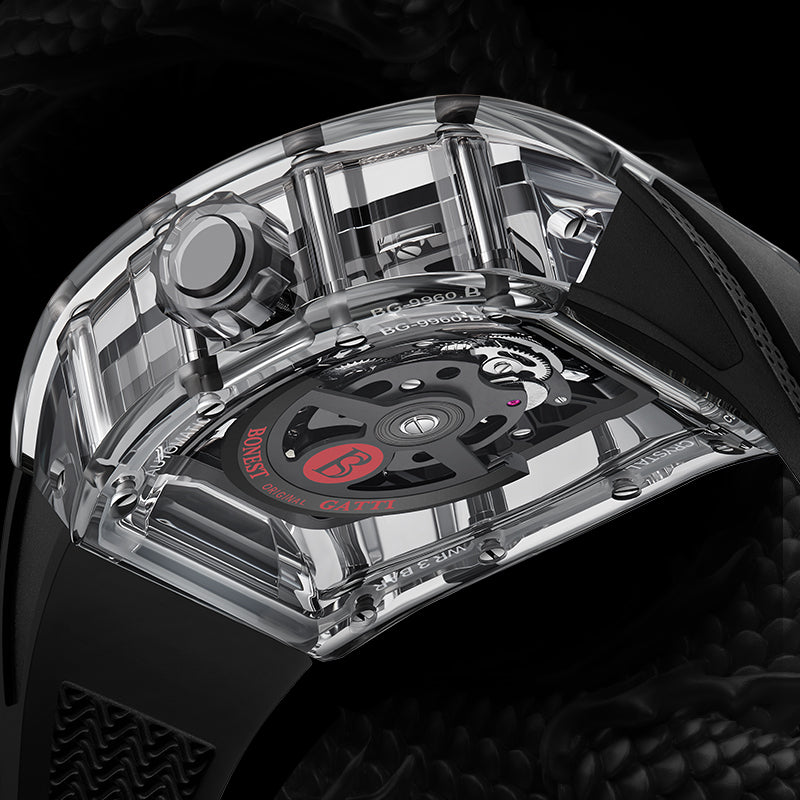 BONEST GATTI Crystal Case Dragon Barrel shaped Skeleton Movement K9 Crystal Case Fluororubber Strap Watch Luminous GB9980