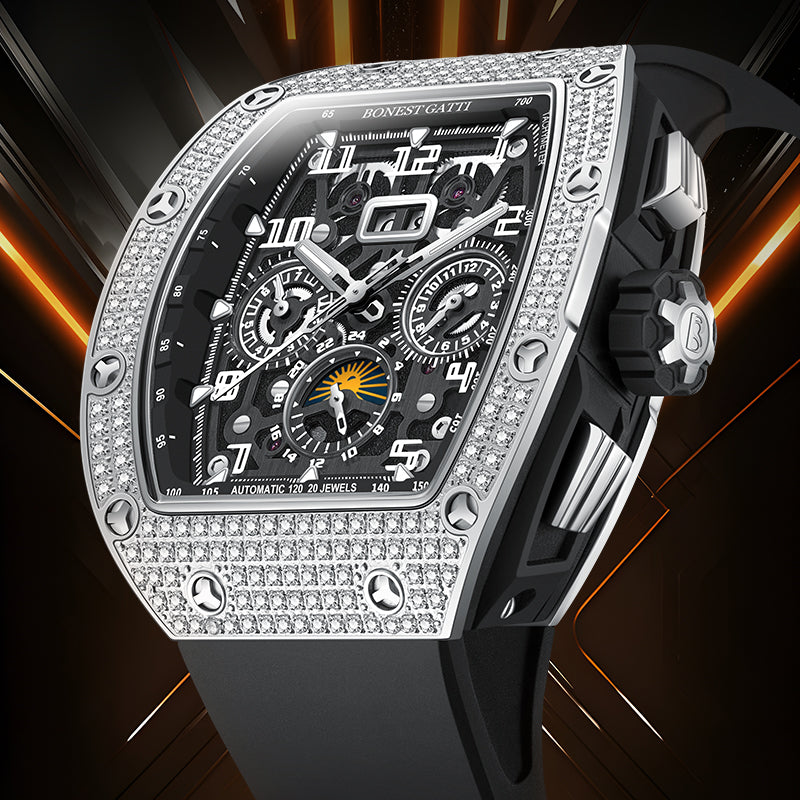BONEST GATTI Automatic Zircon Bezel Barrel Shaped Skeleton Sapphire Crystal Watch BG5004