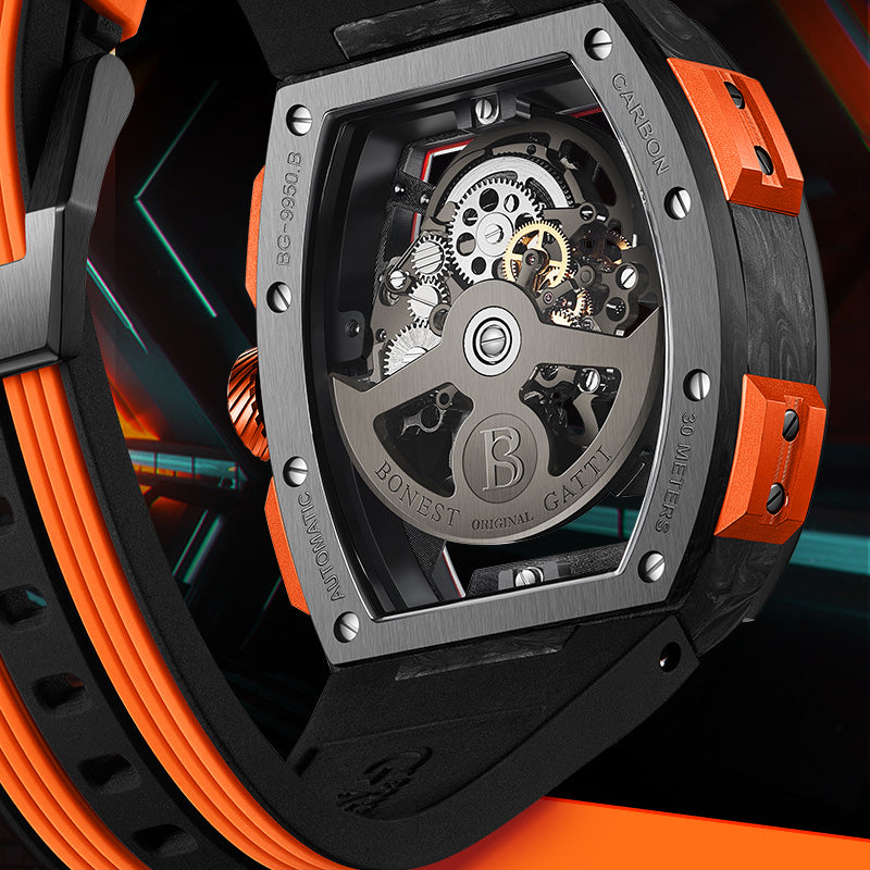 Carbon fiber+fine Steel Case Barrel shaped sapphire crystal watch Skeleton Movement Watch BG9950