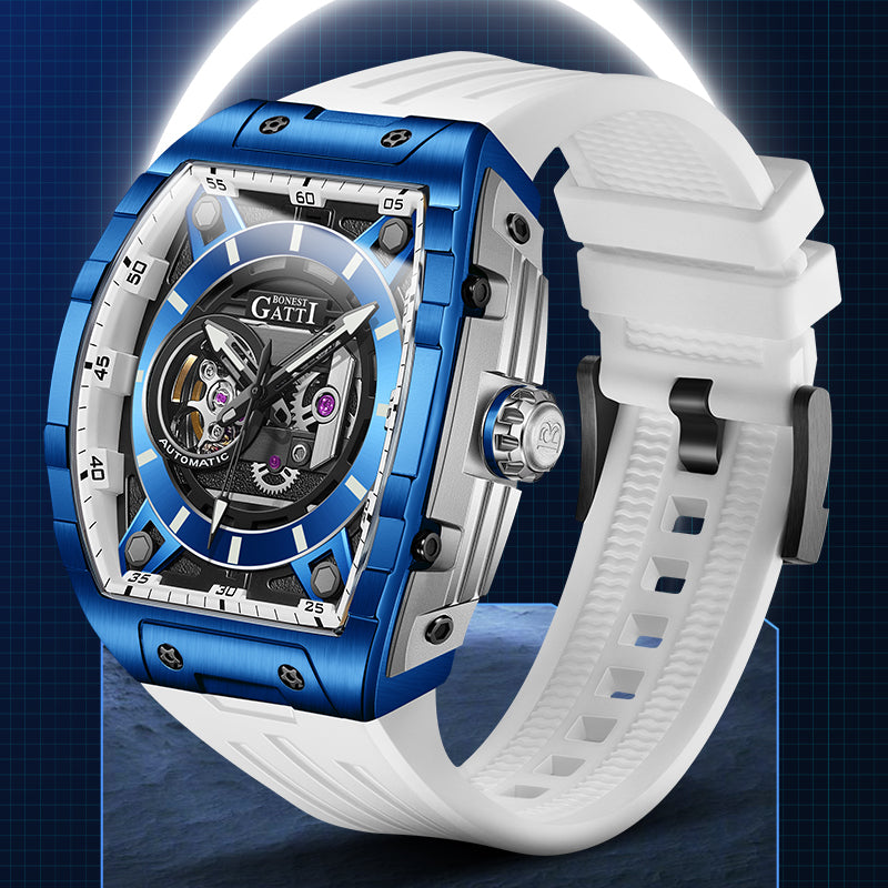 BONEST GATTI Tonneau Automatic Men Watch Barrel shaped Skeleton Self Wind Movement Watch Sapphire Crystal Luminous BG5602