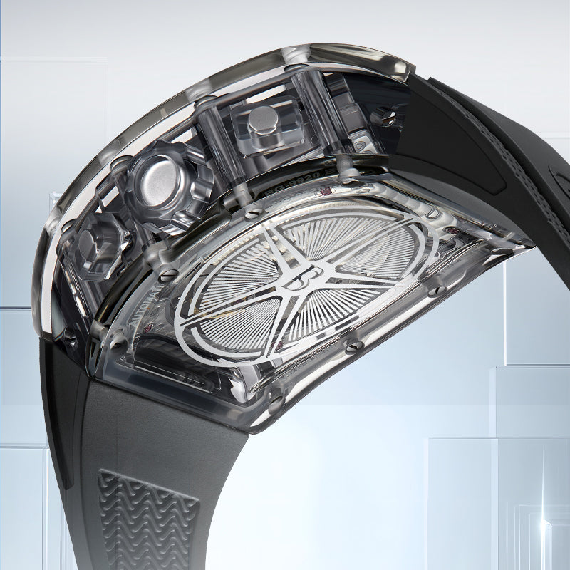 BONEST GATTI Barrel shaped Skeleton Movement K9 Crystal Case Fluororubber Strap Watch Luminous BG9920