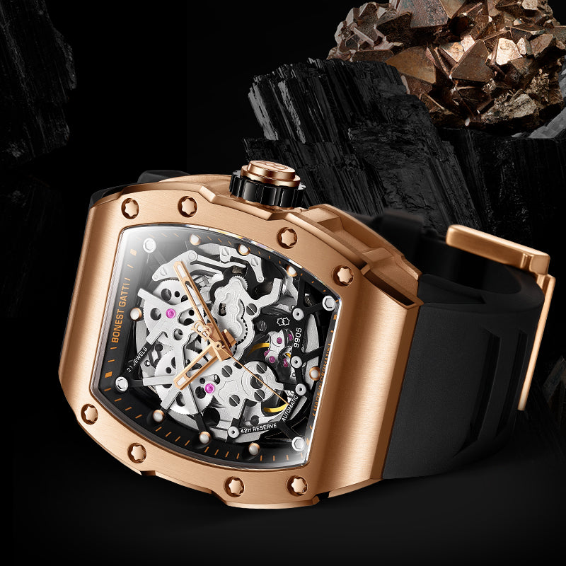 BONEST GATTI Barrel shaped Skeleton Sapphire Crystal CITIZEN Movement Watch BG9905