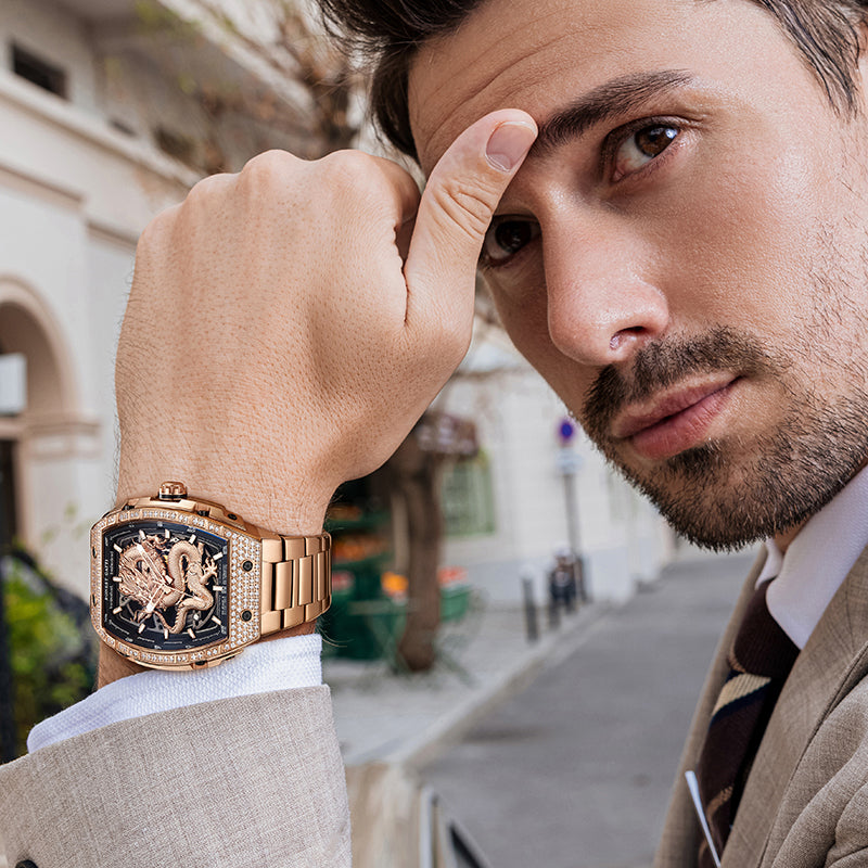 BONEST GATTI Barrel Dragon 185 Zircon Stones Bezel Stainless Steel Bracelet Men's Automatic Mechanical Watch Luminous BG5605L