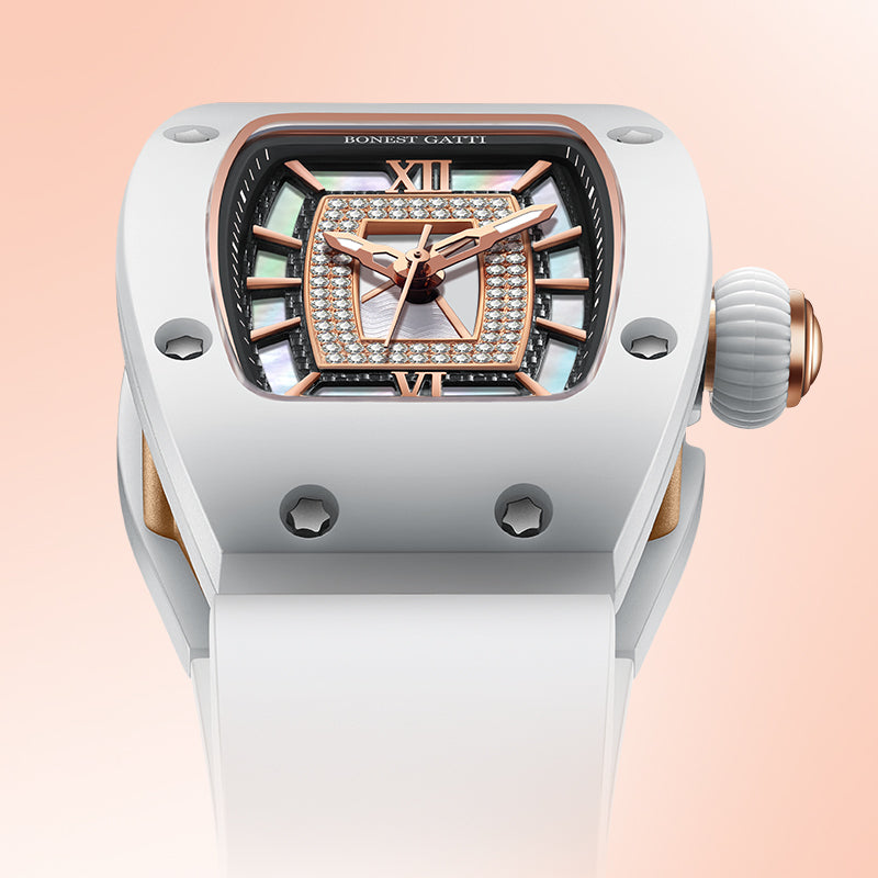 BONEST GATTI Ceramic Case Mother-of-pearl 80 Zirconia Stones Dial Women's Mechanical Watch Luxury Brand Sapphire Rubber Glass Ladies Automatic Waterproof Girl Wristwatch BG3003-R2