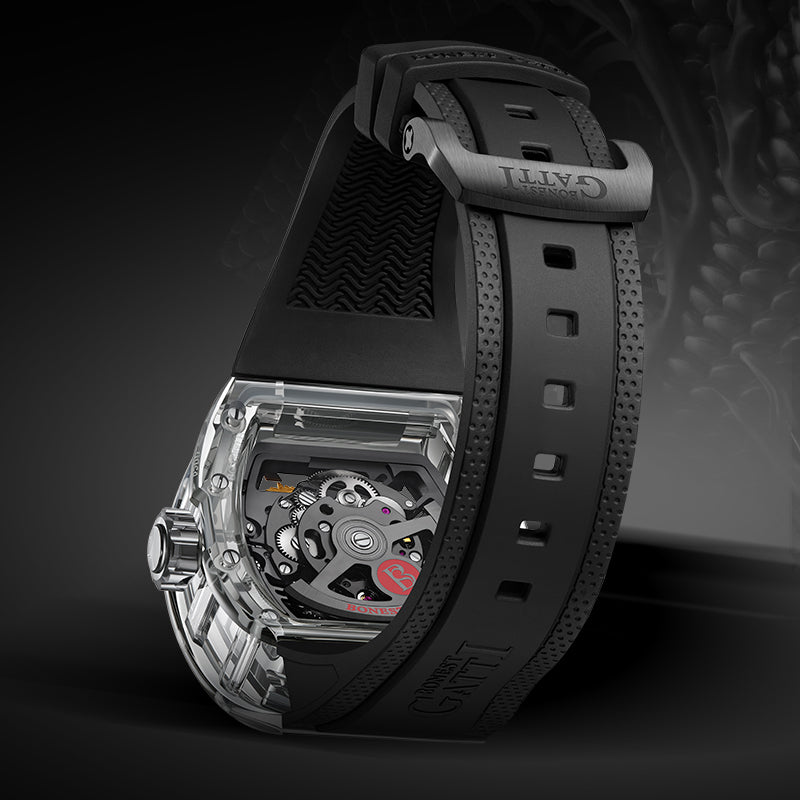 BONEST GATTI Crystal Case Dragon Barrel shaped Skeleton Movement K9 Crystal Case Fluororubber Strap Watch Luminous GB9980