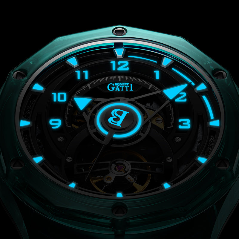 BONEST GATTI Transparent Case Dodecagon Bezel Automatic Skeleton Movement Round Shaped Fluororubber Strap Watch BG6003-R2