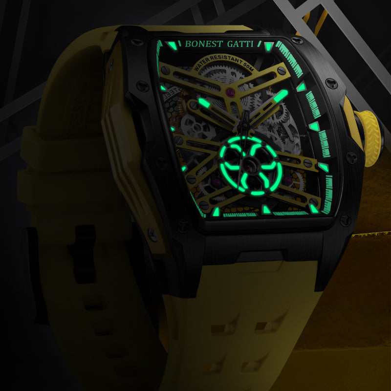 BONEST GATTI Tonneau Automatic Men Watch Skeleton Self Wind Movement Barrel shaped Case Luminous BG5502