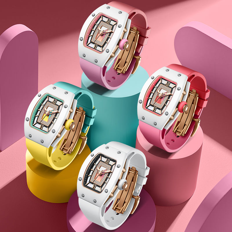 BONEST GATTI Ceramic Case Mother-of-pearl 80 Zirconia Stones Dial Women's Mechanical Watch Luxury Brand Sapphire Rubber Glass Ladies Automatic Waterproof Girl Wristwatch BG3003-R2