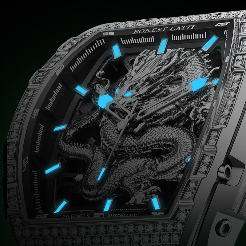 BONEST GATTI Barrel Dragon 185 Zircon Stones Bezel Stainless Steel Bracelet Men's Automatic Mechanical Watch Luminous BG5605L