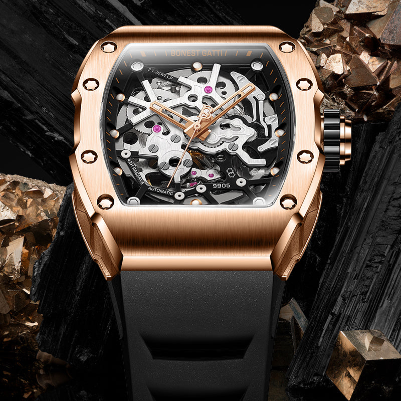 BONEST GATTI Barrel shaped Skeleton Sapphire Crystal CITIZEN Movement Watch BG9905