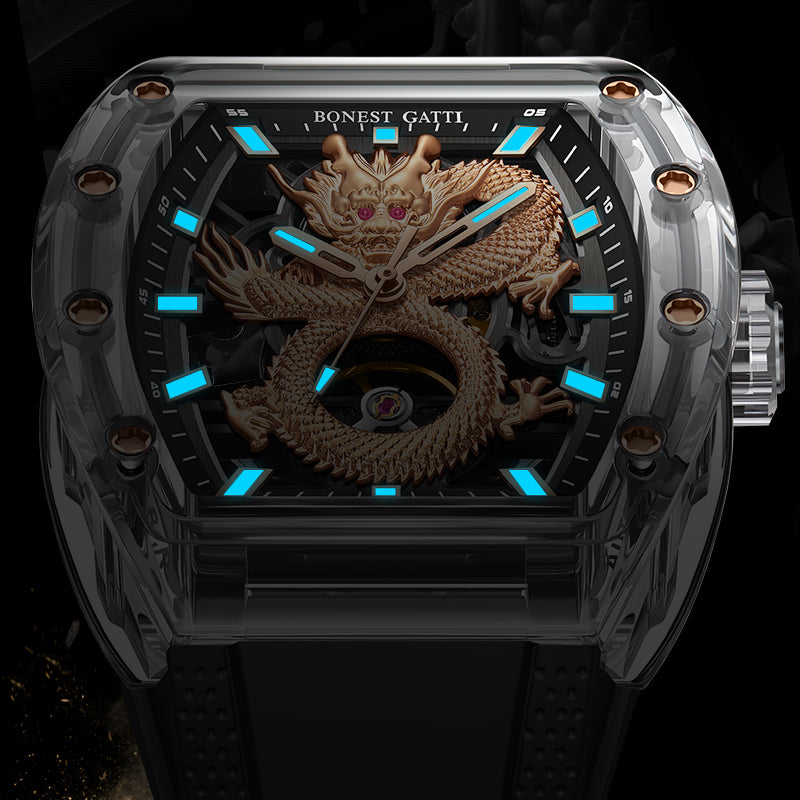 BONEST GATTI Crystal Case Dragon Barrel shaped Skeleton Movement K9 Crystal Case Fluororubber Strap Watch Luminous GB9980