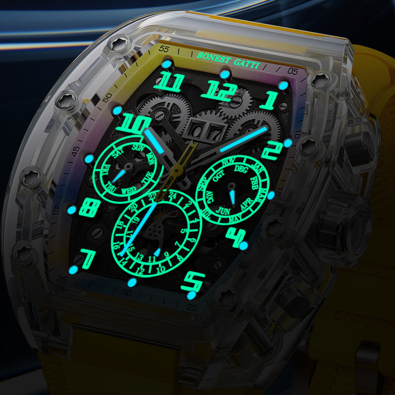 BONEST GATTI Barrel shaped Skeleton Movement K9 Crystal Case Fluororubber Strap Watch Luminous BG9920