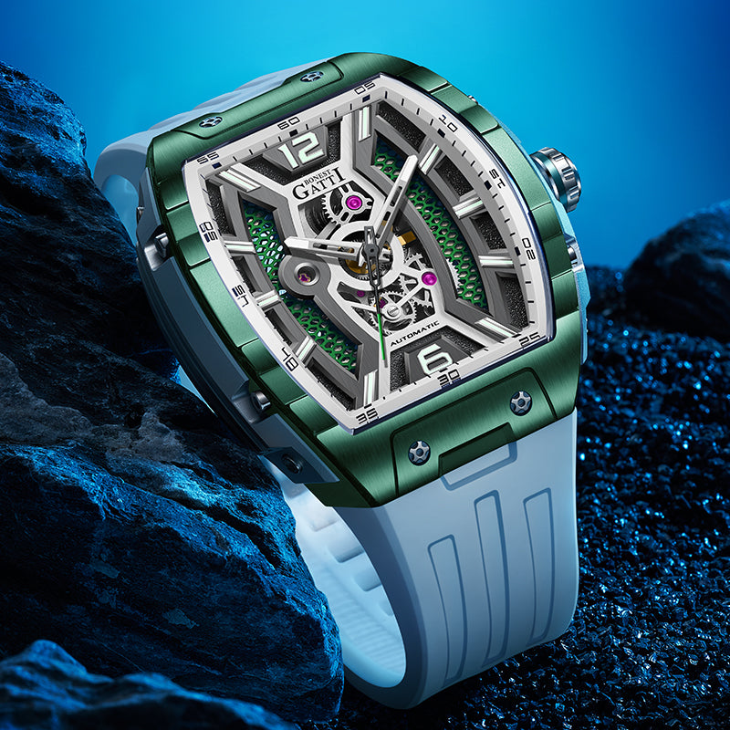 BONEST GATTI Automatic Tonneau Men Watch Barrel shaped Case Skeleton Self Wind Movement Wristwatch Luminous BG5601