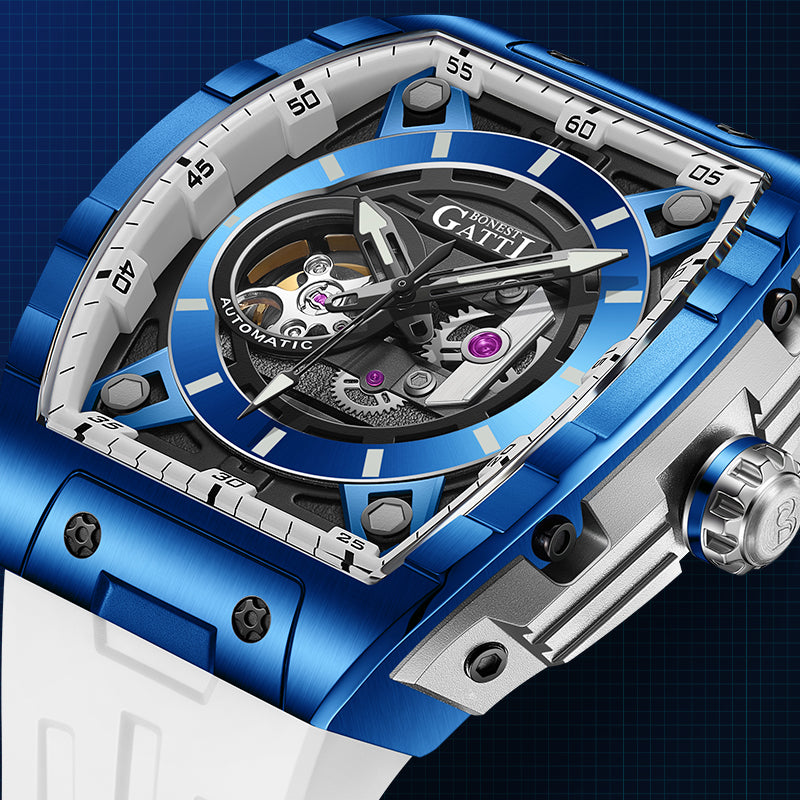 BONEST GATTI Tonneau Automatic Men Watch Barrel shaped Skeleton Self Wind Movement Watch Sapphire Crystal Luminous BG5602