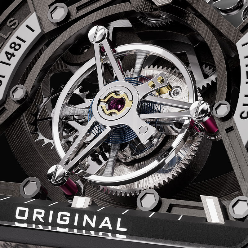 BONEST GATTI Automatic Tourbillon Movement Tonneau Shaped Forged Carbon Fiber Case Sapphire Crystal Fluororubber Strap Luminous BG7003