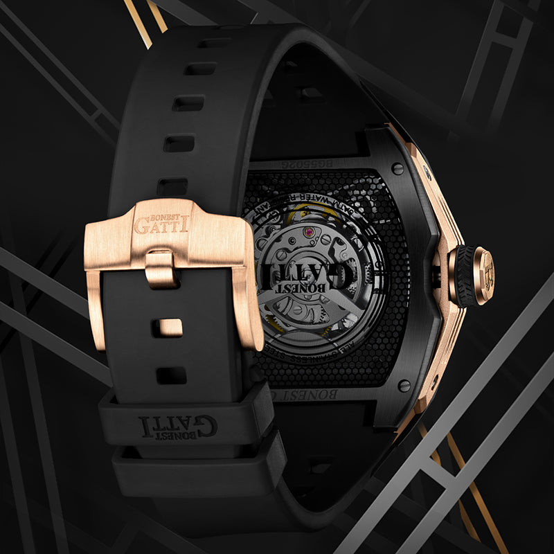 BONEST GATTI Tonneau Automatic Men Watch Skeleton Self Wind Movement Barrel shaped Case Luminous BG5502