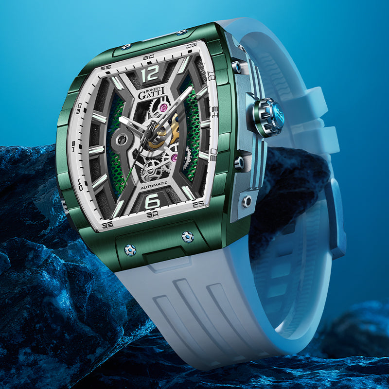 BONEST GATTI Automatic Tonneau Men Watch Barrel shaped Case Skeleton Self Wind Movement Wristwatch Luminous BG5601