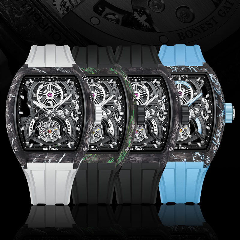 BONEST GATTI Automatic Tourbillon Movement Tonneau Shaped Forged Carbon Fiber Case Sapphire Crystal Fluororubber Strap Luminous BG7003