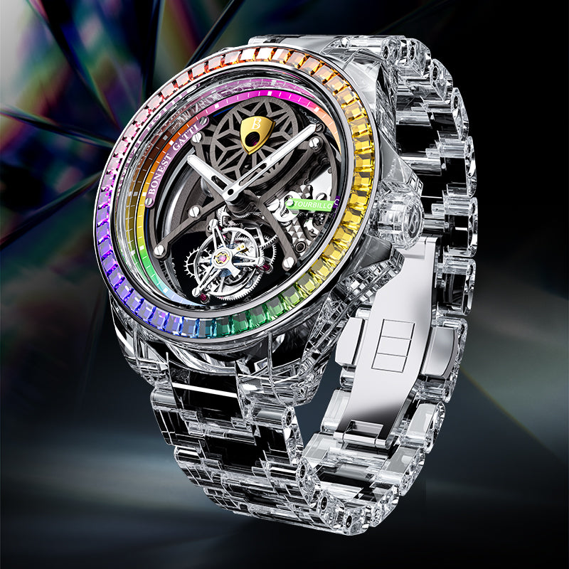 BONEST GATTI Automatic Tourbillon Movement Transparent K9 Crystal Case Skeleton Dial Sapphire Watch Crystal Rainbow Bezel K9 Crystal Bracelet 3ATM Waterproof Luminous BG7002
