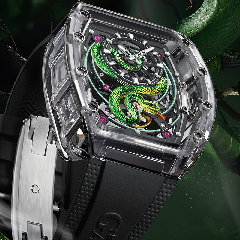 BONEST GATTI Transparent Tonneau Case 3D Snake Dial Skeleton Movement Fluororubber Strap Watch Luminous BG6004