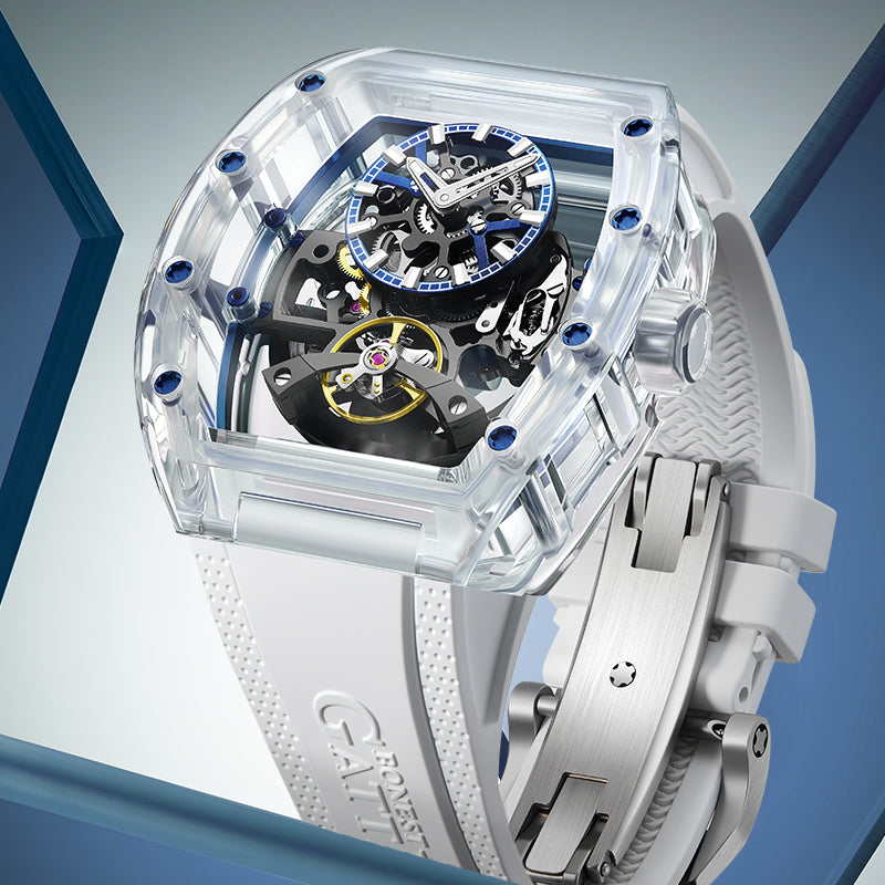 BONEST GATTI Barrel shaped K9 Crystal case Skeleton Movement Fluororubber Strap Watch Luminous BG6005