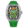 BONEST GATTI Crystal Case Dragon Barrel shaped Skeleton Movement K9 Crystal Case Fluororubber Strap Watch Luminous GB9980