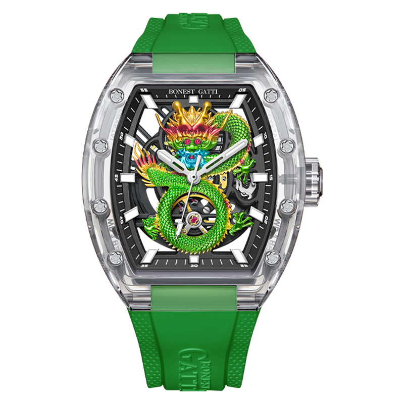 BONEST GATTI Crystal Case Dragon Barrel shaped Skeleton Movement K9 Crystal Case Fluororubber Strap Watch Luminous GB9980