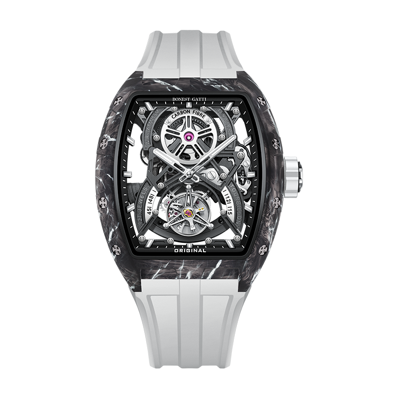 BONEST GATTI Automatic Tourbillon Movement Tonneau Shaped Forged Carbon Fiber Case Sapphire Crystal Fluororubber Strap Luminous BG7003