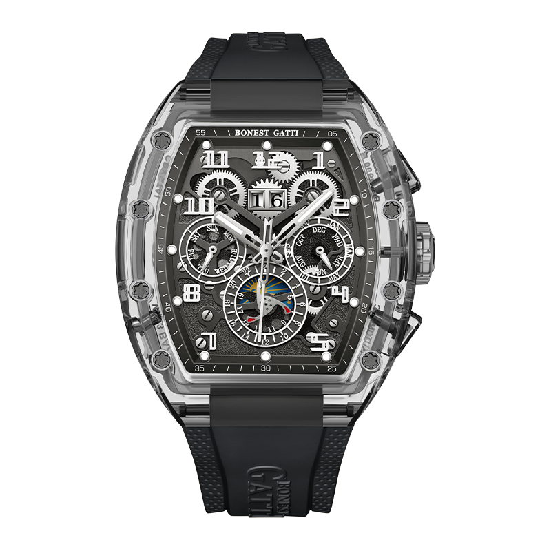 BONEST GATTI Barrel shaped Skeleton Movement K9 Crystal Case Fluororubber Strap Watch Luminous BG9920