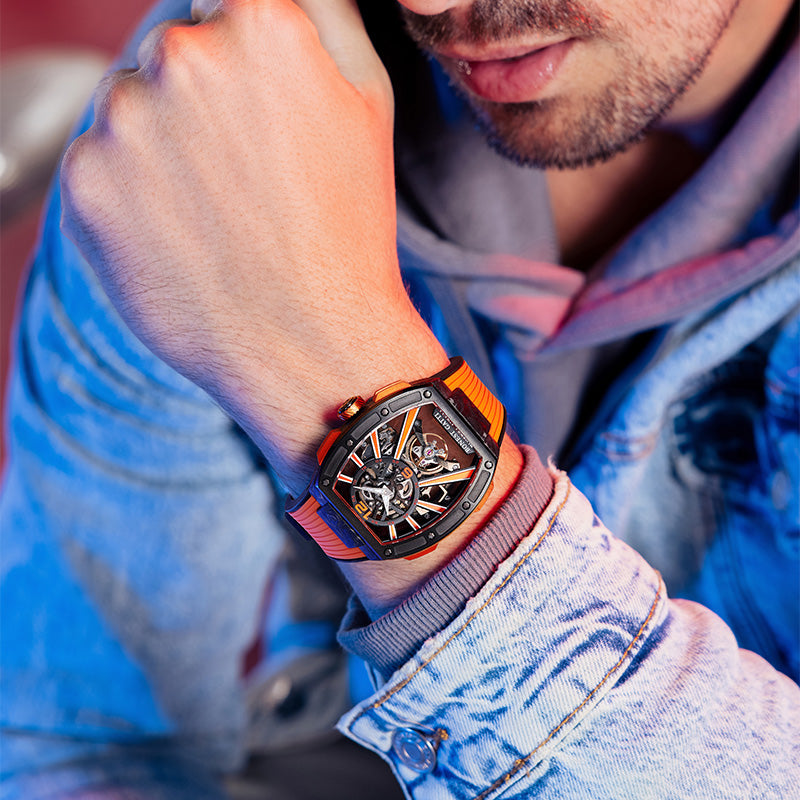 Carbon fiber+fine Steel Case Barrel shaped sapphire crystal watch Skeleton Movement Watch BG9950