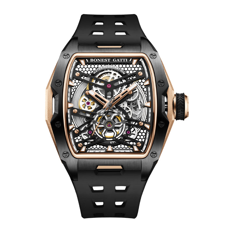 BONEST GATTI Tonneau Automatic Men Watch Skeleton Self Wind Movement Barrel shaped Case Luminous BG5502
