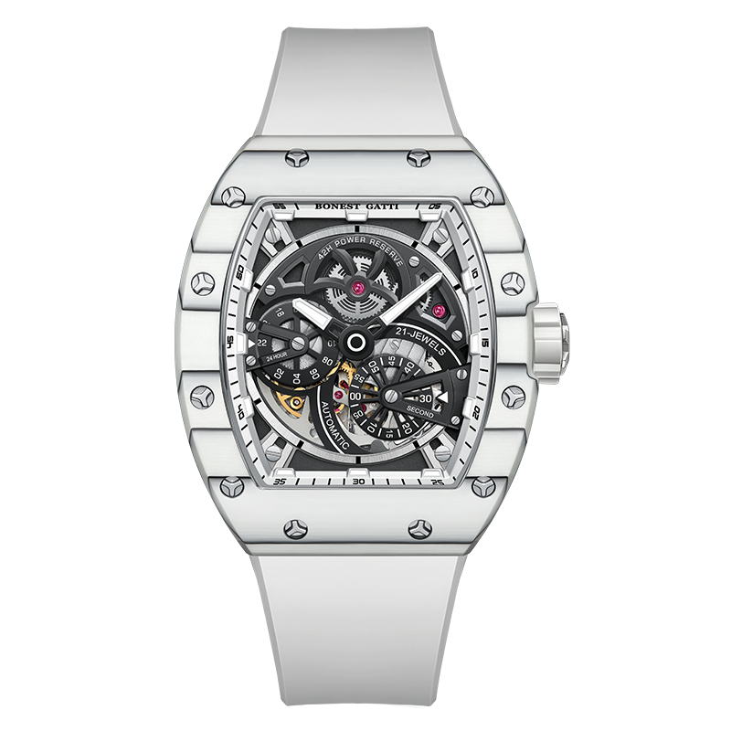BONEST GATTI Carbon Fiber + Aluminum Alloy Case Barrel Shaped Tonneau Watch Skeleton Movement Sapphire Crystal Quick-Release Strap Watch BG9004