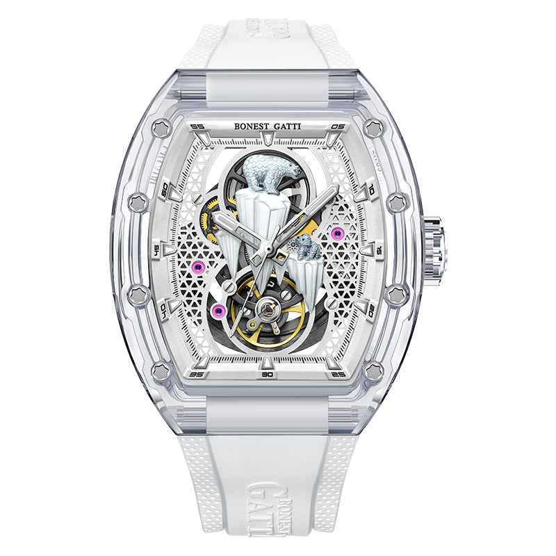 BONEST GATTI Crystal Case 3D Polar Bear Tonneau shaped Skeleton Movement K9 Crystal Case Fluororubber Strap Watch Luminous GB6002