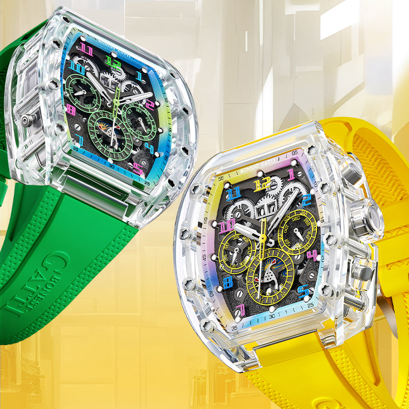 BONEST GATTI Barrel shaped Skeleton Movement K9 Crystal Case Fluororubber Strap Watch Luminous BG9920