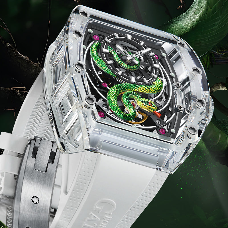 BONEST GATTI Transparent Tonneau Case 3D Snake Dial Skeleton Movement Fluororubber Strap Watch Luminous BG6004