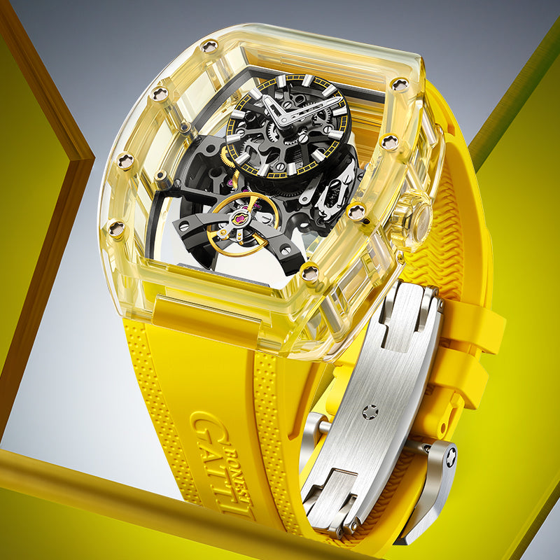 BONEST GATTI Barrel shaped K9 Crystal case Skeleton Movement Fluororubber Strap Watch Luminous BG6005