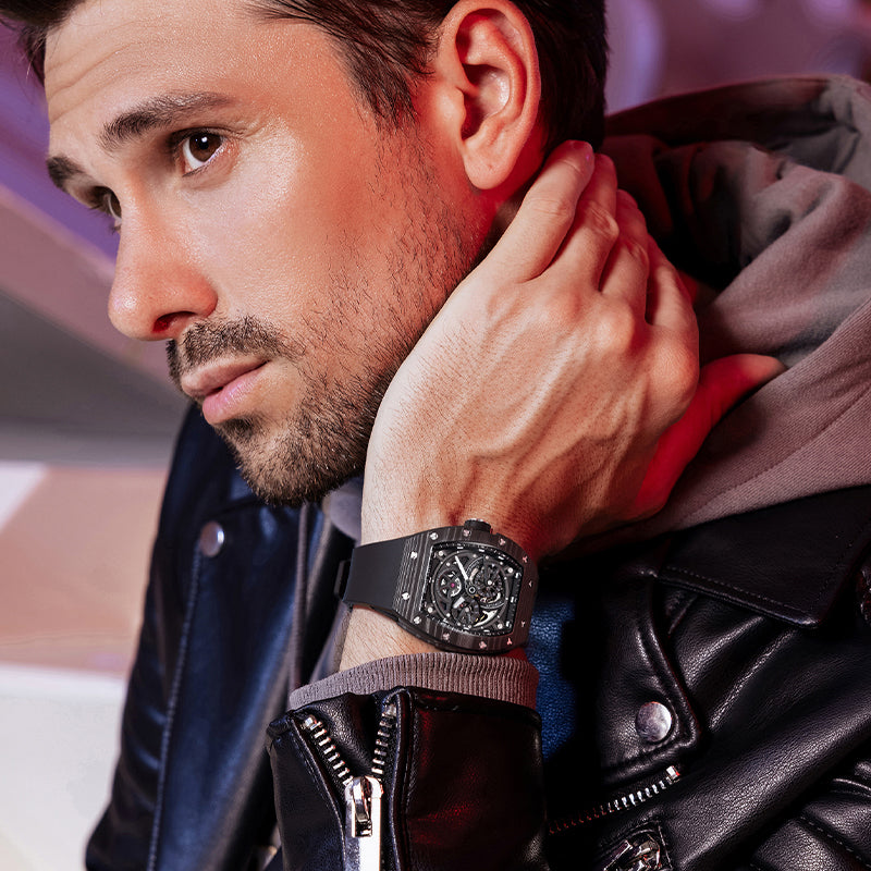 BONEST GATTI Carbon Fiber + Aluminum Alloy Case Barrel Shaped Tonneau Watch Skeleton Movement Sapphire Crystal Quick-Release Strap Watch BG9004
