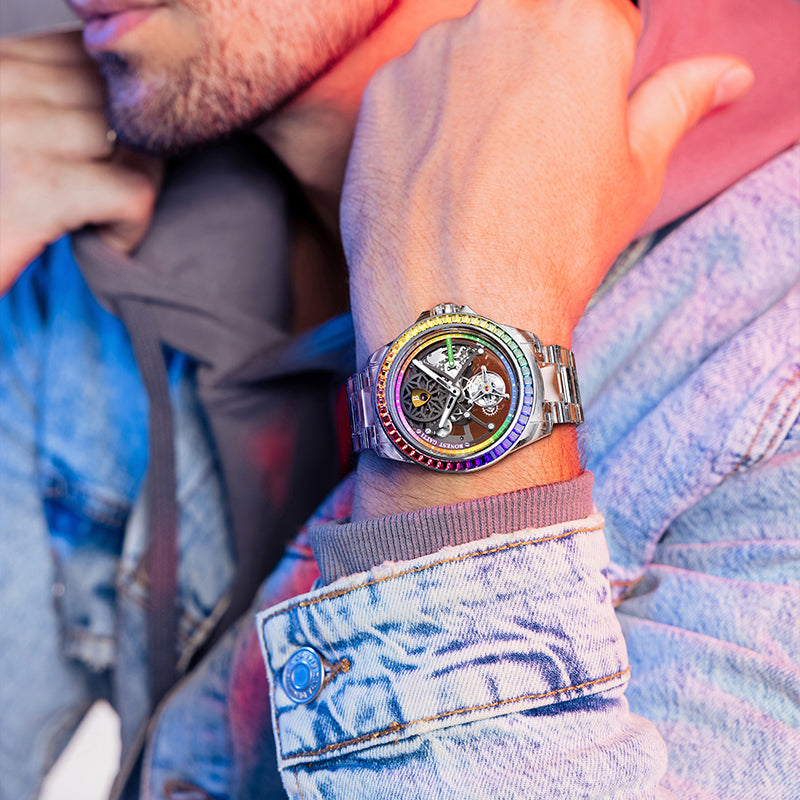 BONEST GATTI Automatic Tourbillon Movement Transparent K9 Crystal Case Skeleton Dial Sapphire Watch Crystal Rainbow Bezel K9 Crystal Bracelet 3ATM Waterproof Luminous BG7002