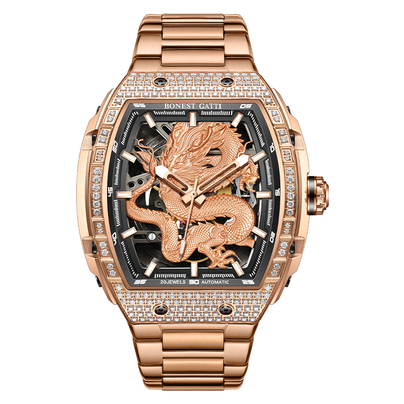 BONEST GATTI Barrel Dragon 185 Zircon Stones Bezel Stainless Steel Bracelet Men's Automatic Mechanical Watch Luminous BG5605L