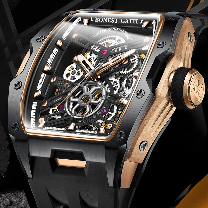 BONEST GATTI Tonneau Automatic Men Watch Skeleton Self Wind Movement Barrel shaped Case Luminous BG5502