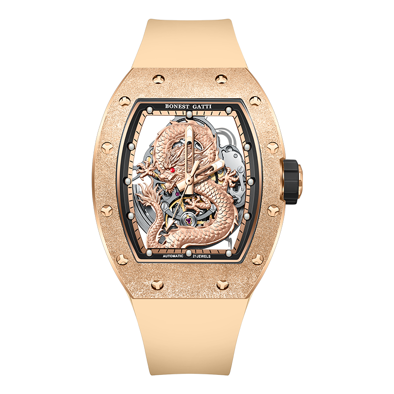 BONEST GATTI Tonneau Shaped Dragon theme frosted gold finishing Case Men's Automatic Mechanical Watch Luminous BG5003