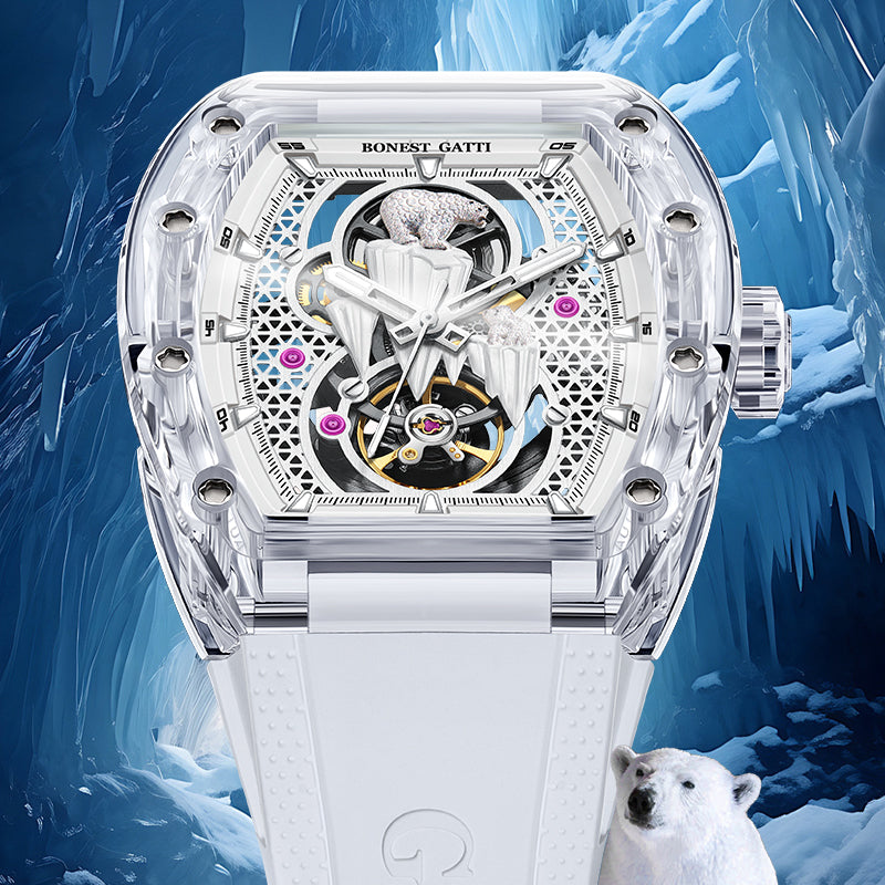BONEST GATTI Crystal Case 3D Polar Bear Tonneau shaped Skeleton Movement K9 Crystal Case Fluororubber Strap Watch Luminous GB6002