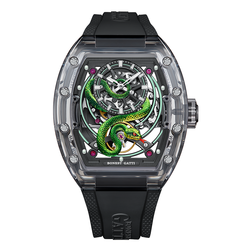 BONEST GATTI Transparent Tonneau Case 3D Snake Dial Skeleton Movement Fluororubber Strap Watch Luminous BG6004