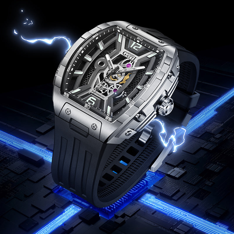 BONEST GATTI Automatic Tonneau Men Watch Barrel shaped Case Skeleton Self Wind Movement Wristwatch Luminous BG5601