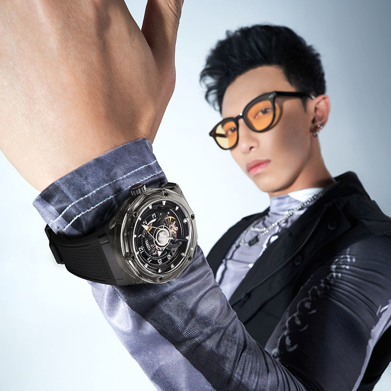 BONEST GATTI Transparent Case Dodecagon Bezel Automatic Skeleton Movement Round Shaped Fluororubber Strap Watch BG6003-R2